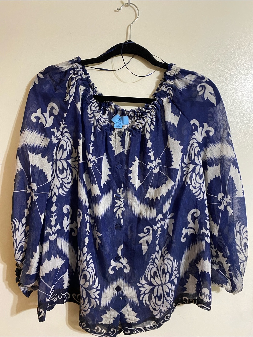 Cece Women’s Navy and White Printed Peasant Blouse XL